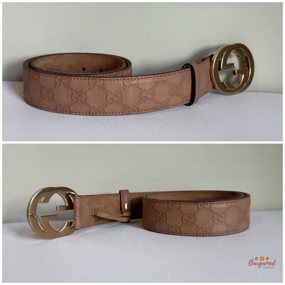 Auth Gucci Brown/Beige Guccissima Leather Gold Interlocking G Buckle Belt 80/32 - Picture 8 of 13